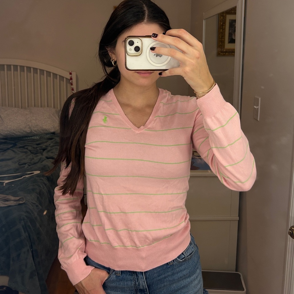Ralph Lauren Pink and Green V-Neck Sweater